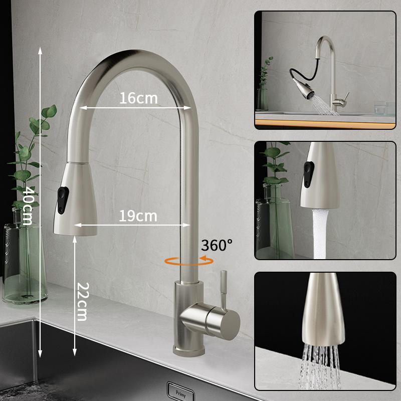 Black Kitchen Faucet Flexible Pull Out 2 Modes Nozzle Hot Cold Water Mixer Tap Deck Mounted Sprayer and Stream SUS 304 Faucets