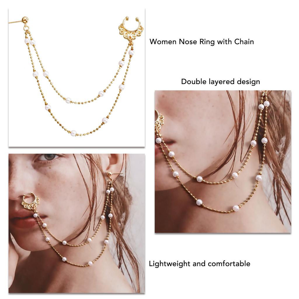Women Nose Ring with Chain Ethnic Style Double Layer Lightweight Nose To Ear Chain for Wedding