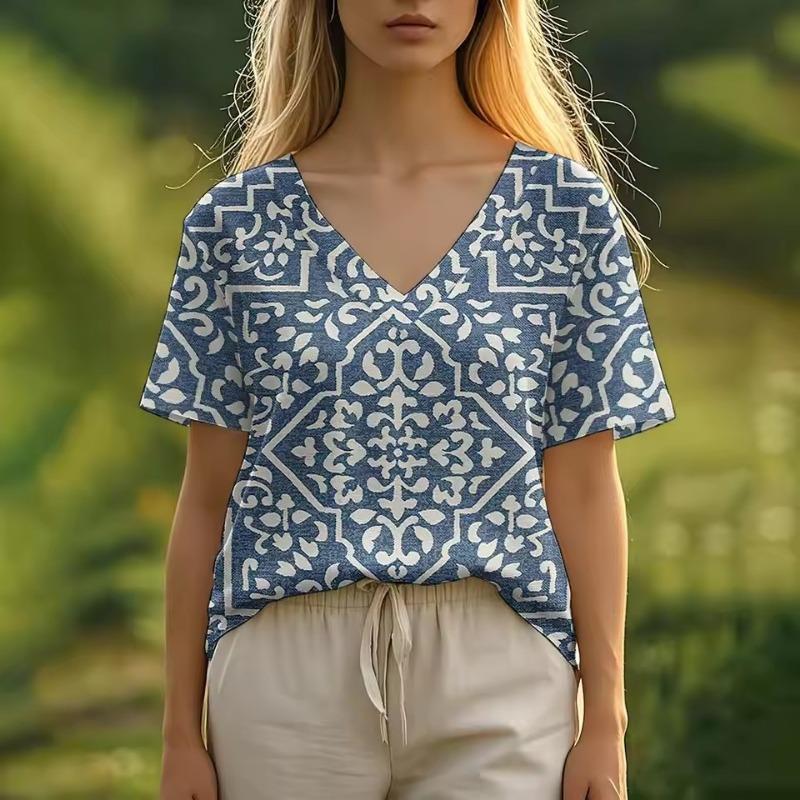 3D T-Shirt Flower Summer Women's T-Shirt Floral Pattern Bohemian Style Casual Short-Sleeved V-Neck Loose Women's Clothes