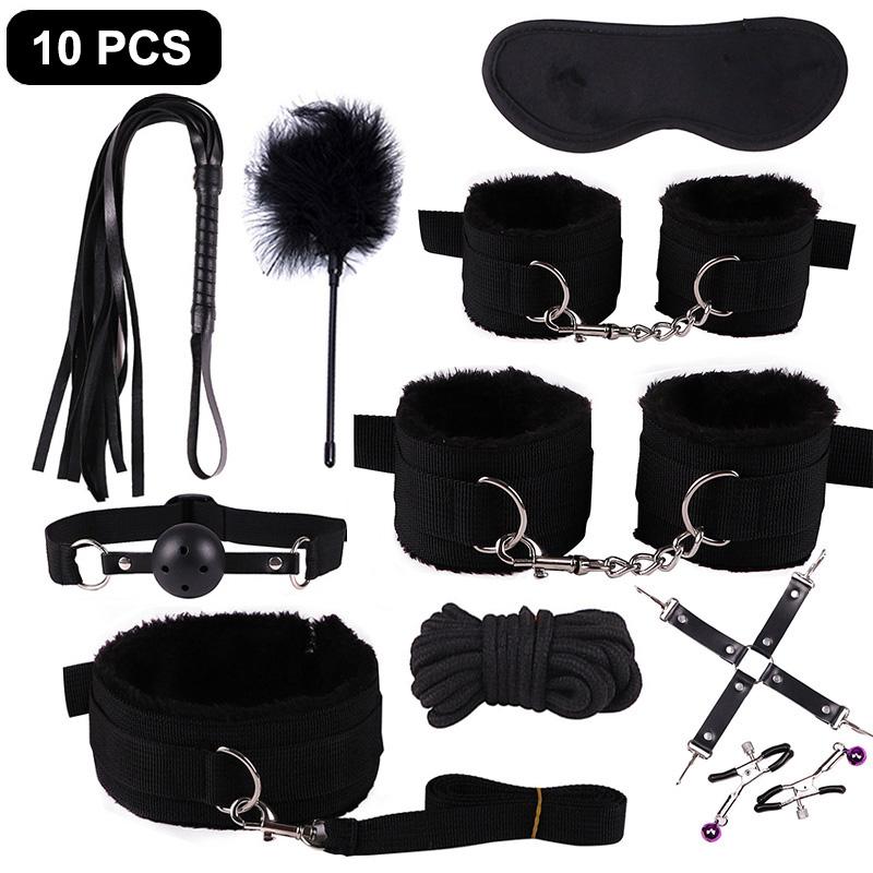 Sexy Nylon BDSM Kits Plush Sex Bondage Set Handcuffs Sex Games Whip Gag Nipple Clamps Sex Toys For Couples Exotic
