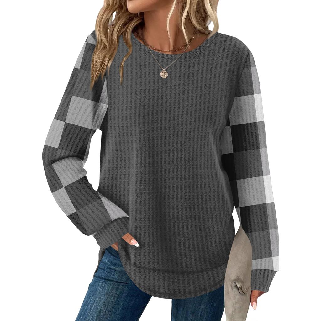 Damrutig tryck rund hals långärmad ledig lös topp