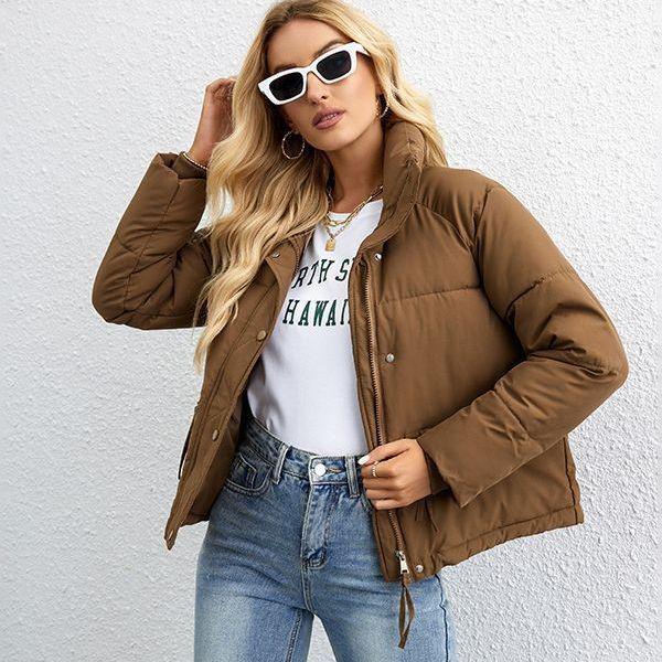 2023 Women's European & American Style Short Stand-Collar Down Cotton Jacket with Zipper