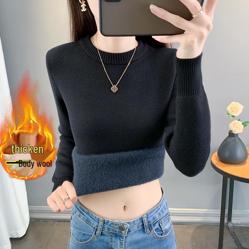 2025 Women's Fleece Knit Round Neck Sweater - Warm, Thick, Plus Velvet One-Piece Base Layer for Autumn/Winter