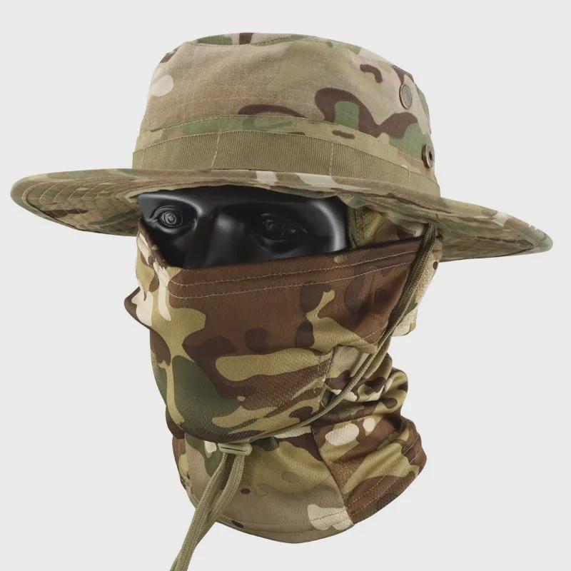 Men's Camouflage Bucket Hat Set: Multifunctional, Breathable, Sun-Protective Fishing Hat with Round Brim.