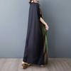 Summer Thin Cotton Linen V-neck Short Sleeved Long Dress for Women