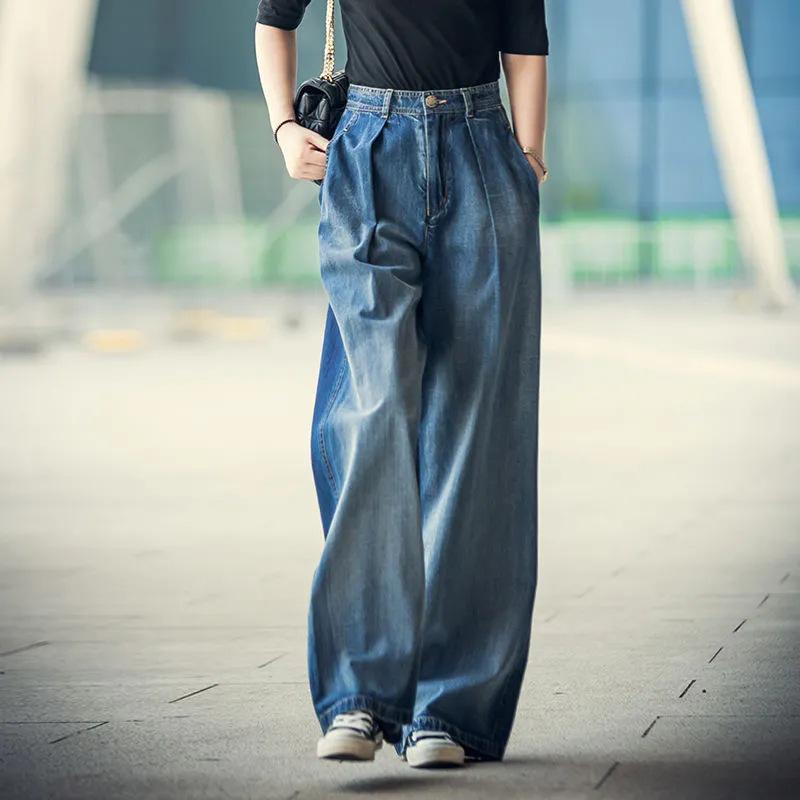 Women's Retro High Waist Color Block Wide Leg Denim Jeans