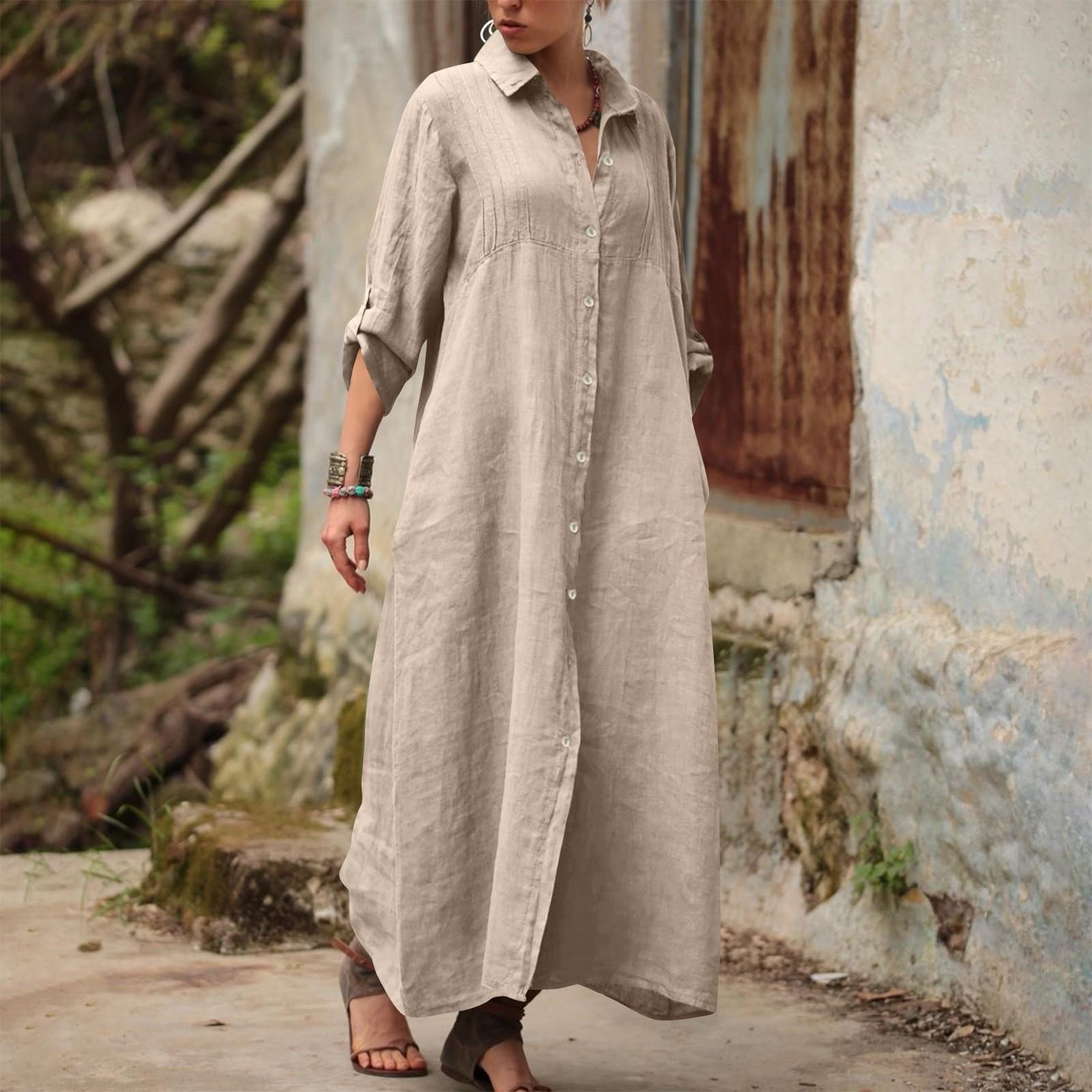 

Women s Fashionable V-neck Cotton And Linen Loose Long-sleeved Shirt Dress XXL бежевий