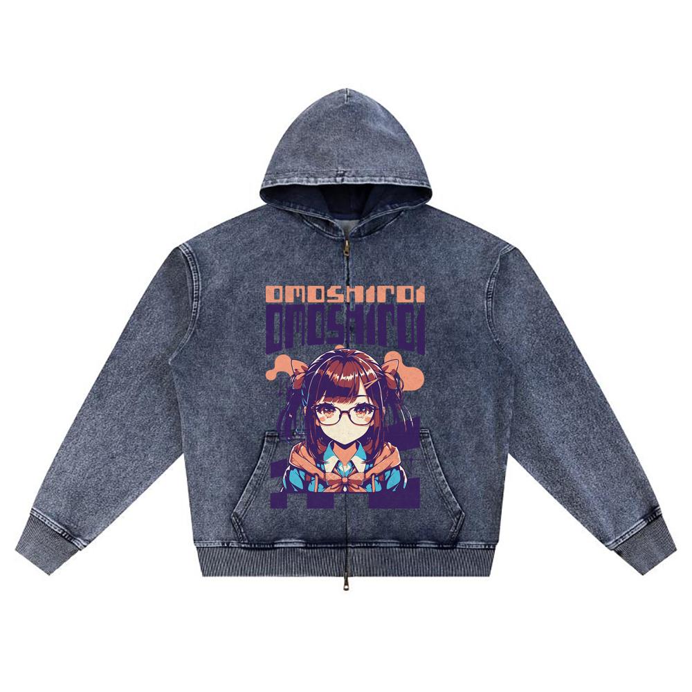 DTG Print Knitted Denim Zip-Up Hoodie Omoshiroi Retro Japanese Anime Brother Print Zipper Hoodies  