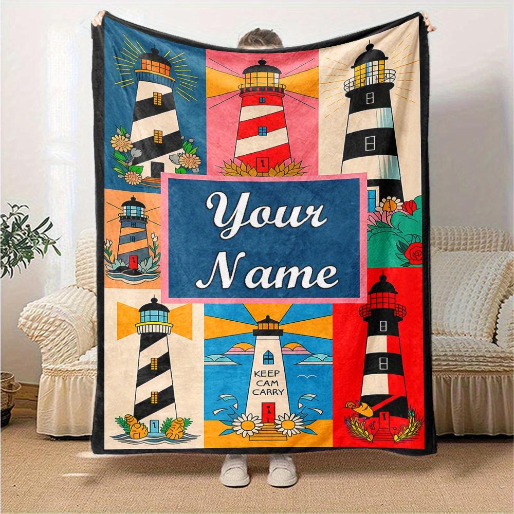 Lighthouse Scenery Blanket With Customizable Name Four Seasons Comfortable Shawl Blanket Suitable For Home Travel Camping Office Decoration Perfect