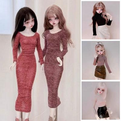 Cute Mini Round Neck Tops Casual Wear PU Leather Skirt Doll Knitted Sweater for 1/4 BJD 45cm Dolls