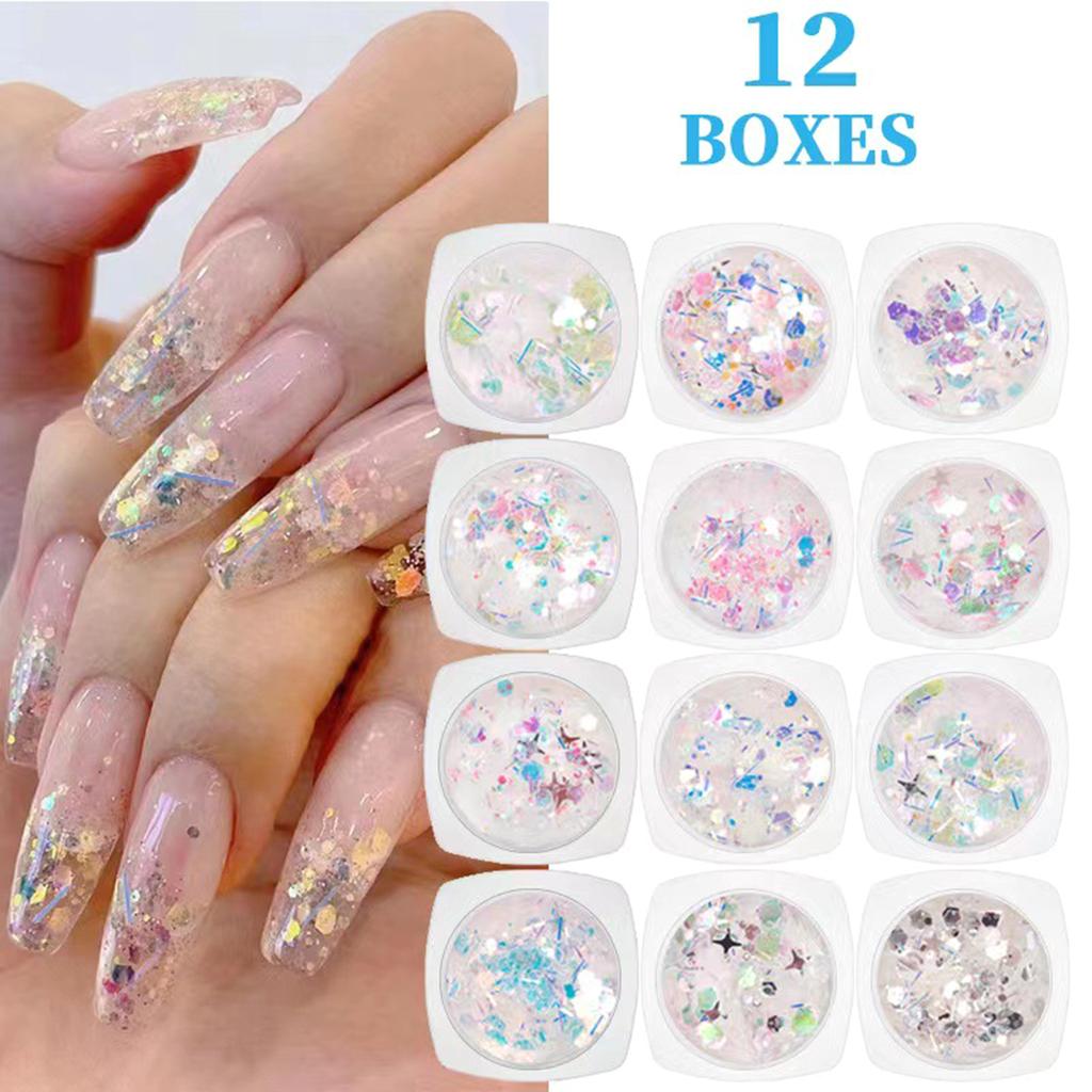12Pcs Reflective Nail Art Powder Mixed Glitter Sequins Glitter Pigment Nail Crystal Sequins Nails Art Decoration
