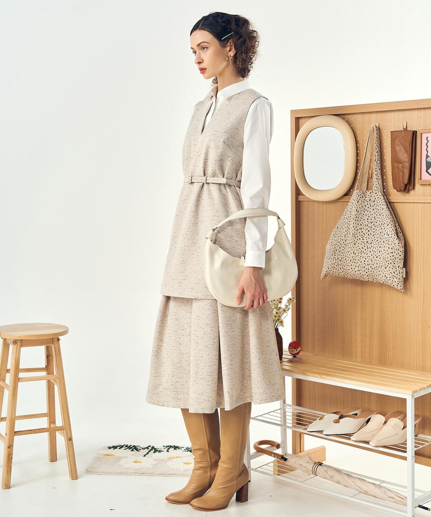 Pelimela Twill A-Line Belted Skirt Set (Beige)