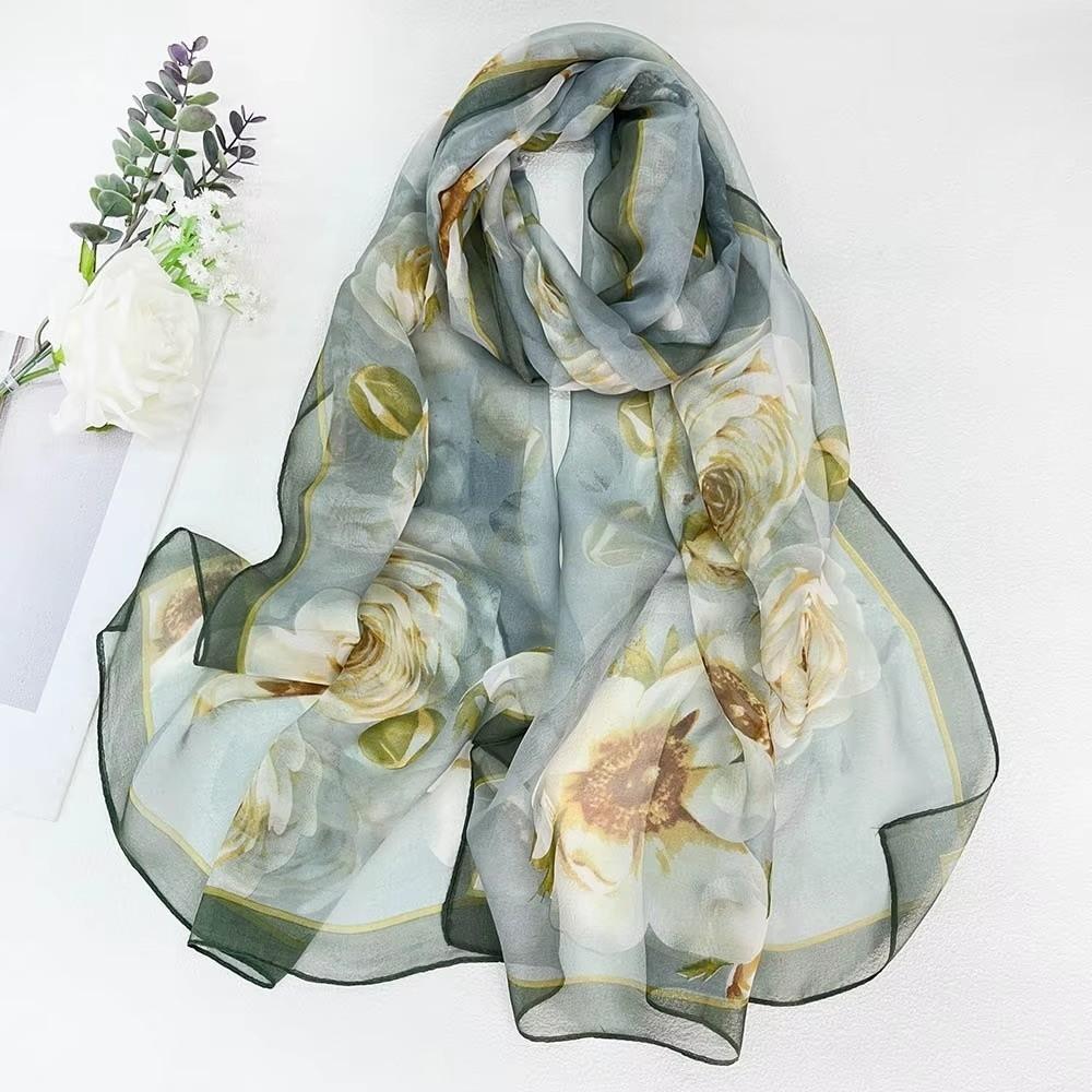 Thin Soft Long Chiffon Scarf Flower Print Beach Scarves Sun Protection Scarf for Casual Wear