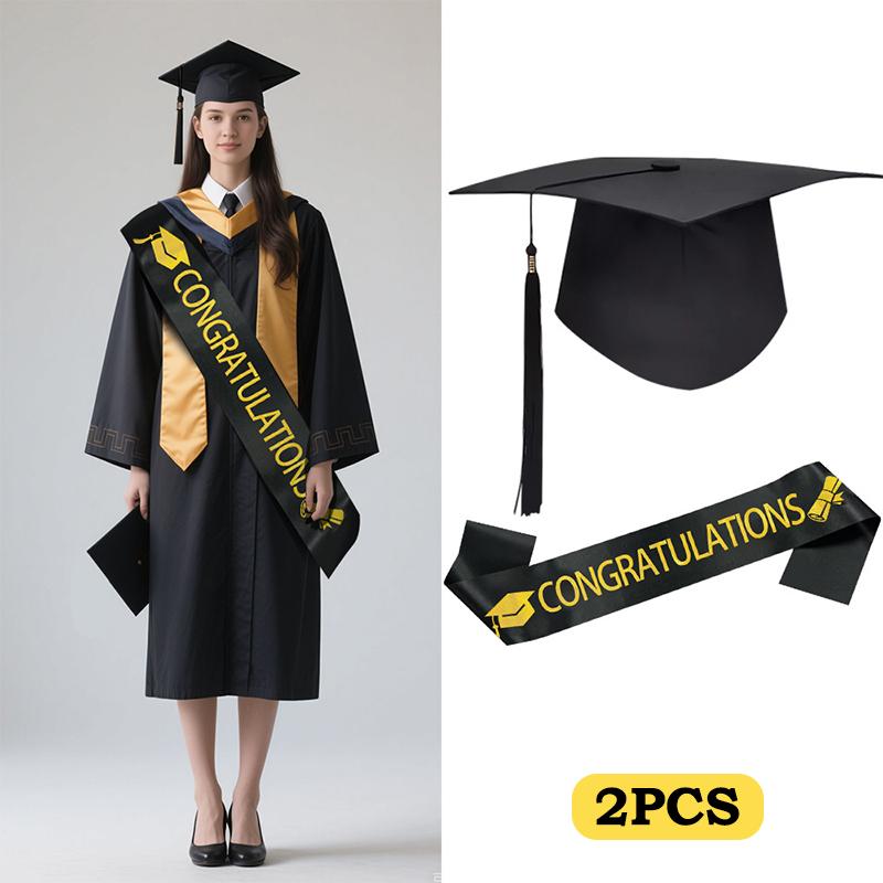 1/2/3Pc Class Of 2026 Black Golden Satin Sash Bachelor Cap With Tassel Graduation Shoulder Strap Congrats Grad Party Photo Props