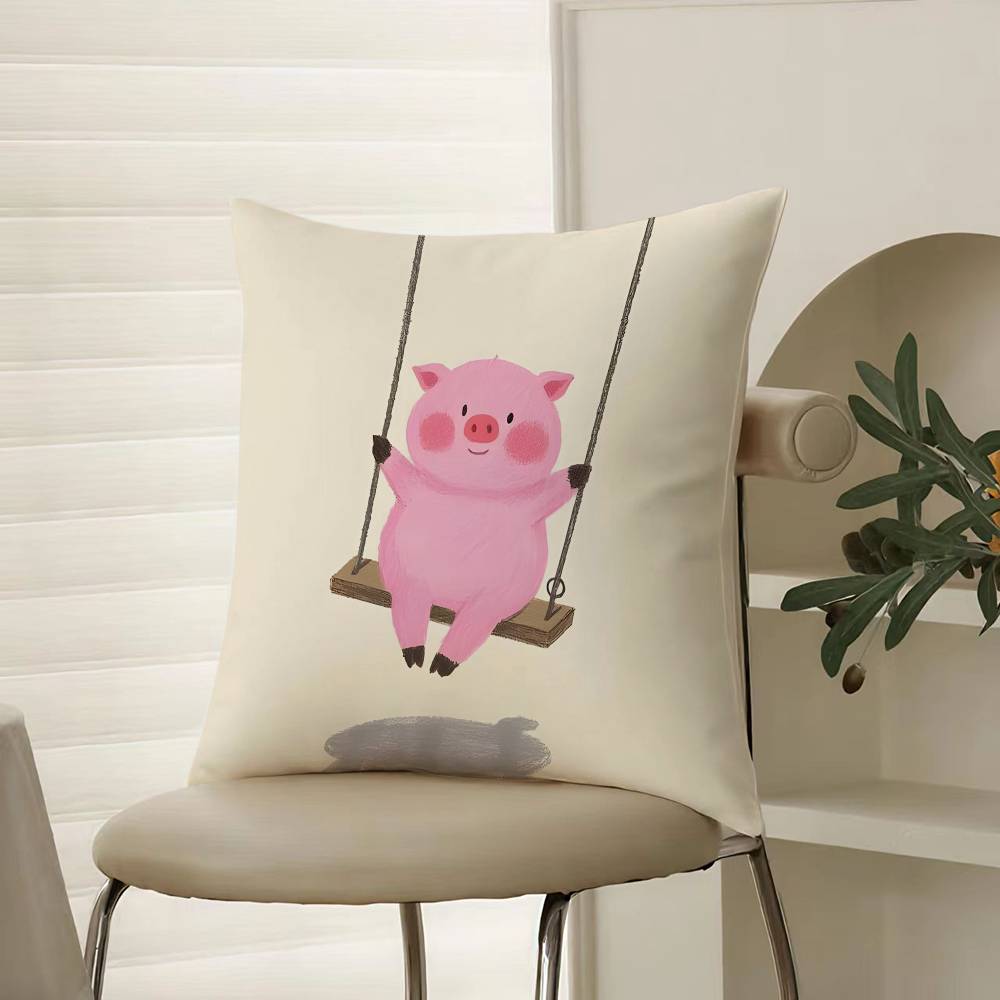 Pretty Elegant Cartoon Cute Pink Pig Pillow Case Comfort Sofa Bed Silky Elegant Invisible Zipper Decorative Cushion Cover