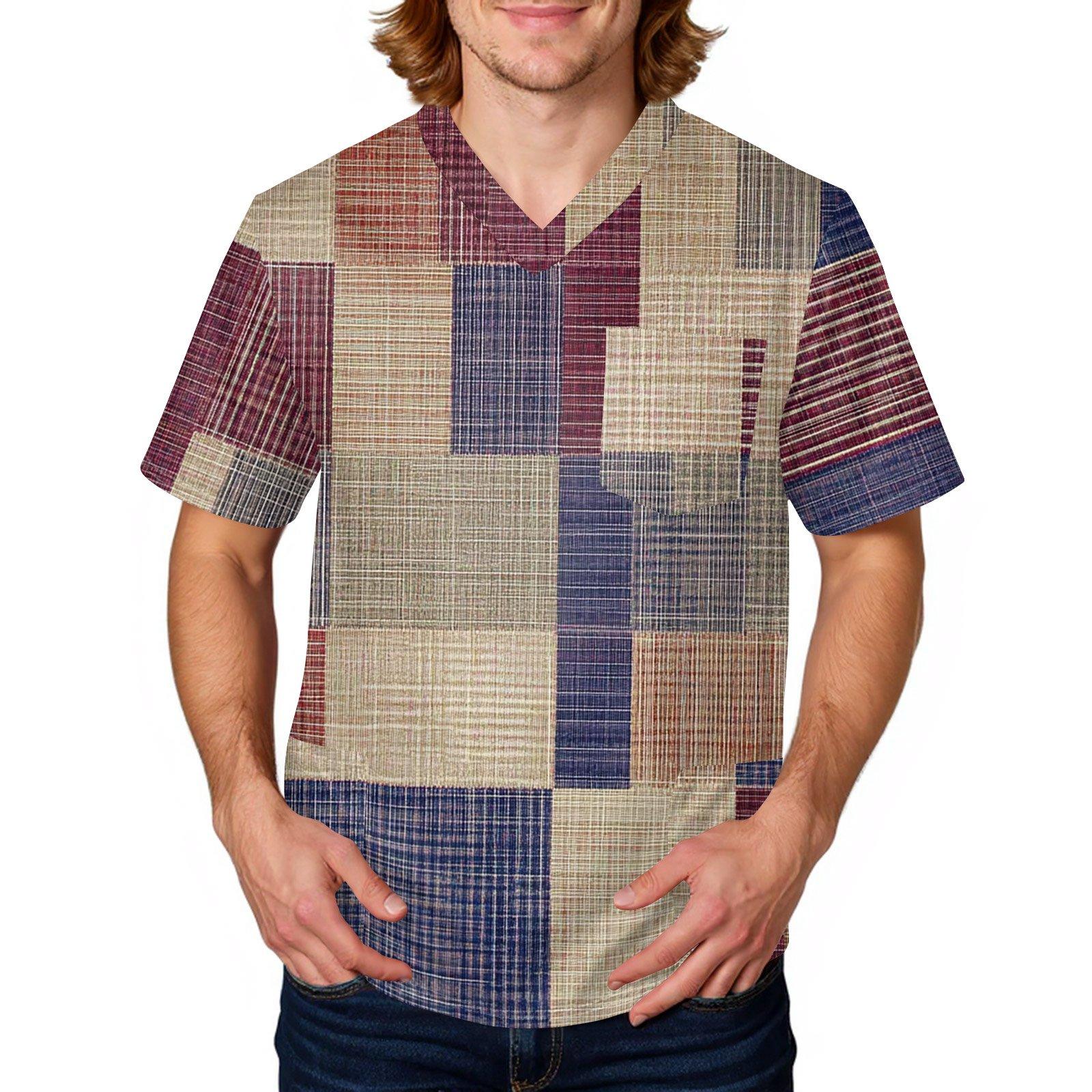 Мужская полосатая клетчатая футболка | V-образный вырез с карманами, свободный крой для, ухода и повседневной работы XXL красный