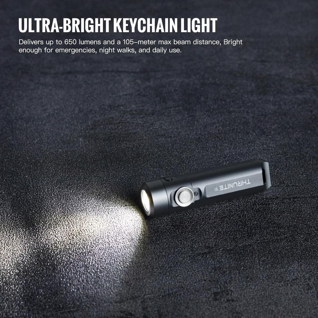 ThruNite Ti Schlüsselanhänger-Licht, 650 Lumen, USB-C wiederaufladbar, 60,8 mm, 26,5 g Kompaktes Taschenlicht mit magnetischer Endkappe (Grau)