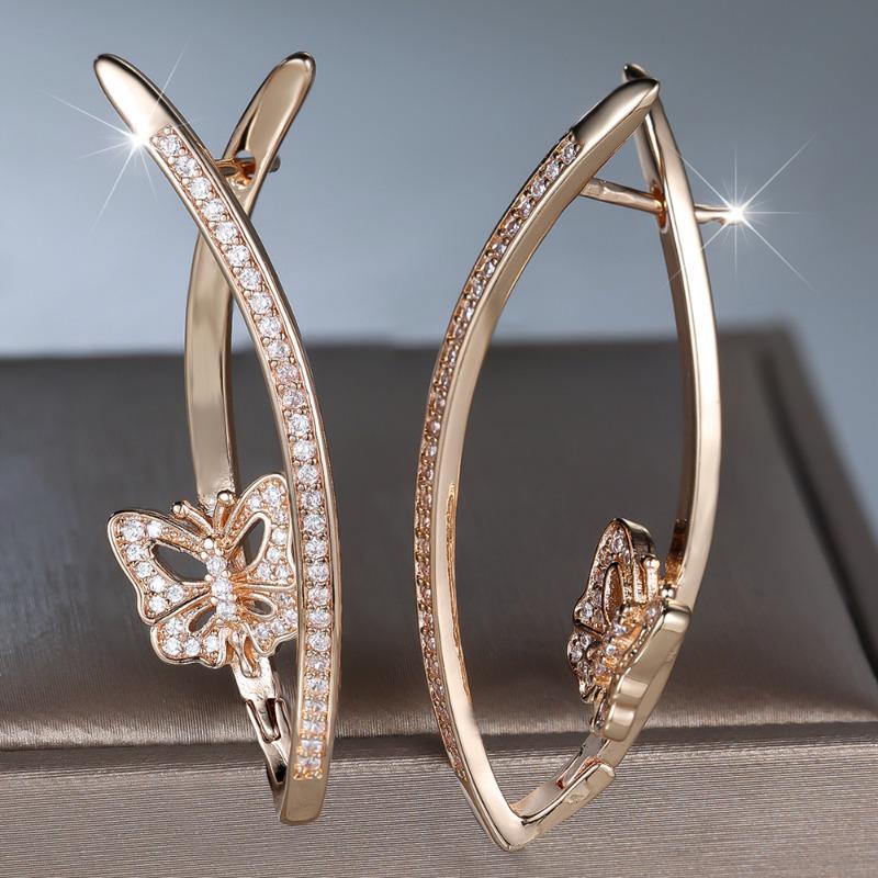 Fashion Gold Color Geometric Butterfly Earrings for Women Zircon Micro Inlaid Long Drop Earrings Exquisite Wedding Jewelry