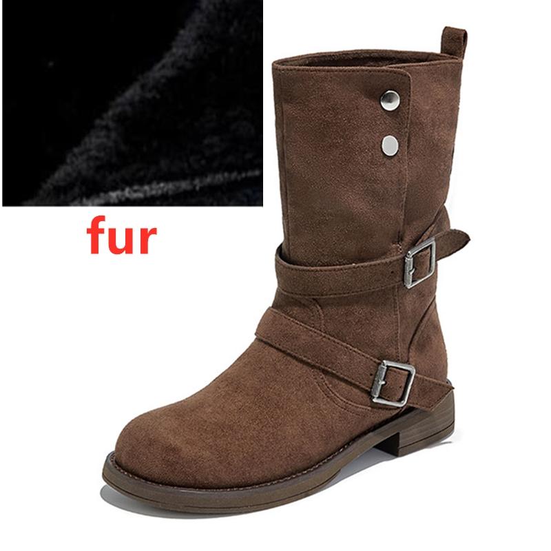 Fashion AIYUQI2025 New Women's Western Cowboy Boots Non-Slip Buckle Women Motorcycle Boots Large-Size Autumn/Winter Mid-Cut Female Boots