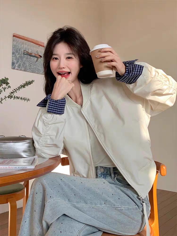 

Женская бейсбольная куртка в корейском стиле, розовая, с вставками - модная весенняя коллекция 2025 Medium покинуть белый