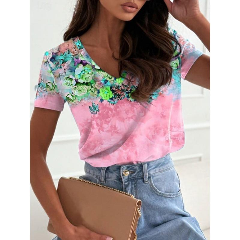 Summer Women's New Minimalist Flower Pattern 3D Printed Loose Casual V-neck Short Sleeved T-shirt