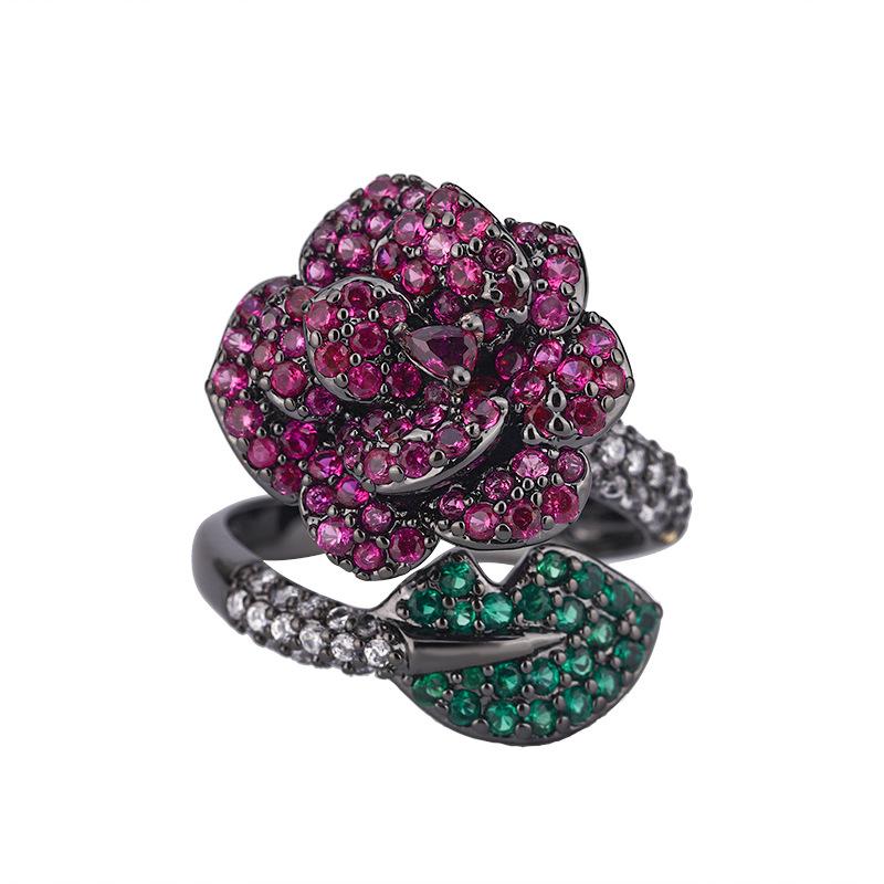 Jewelry Copper Bottom Gold-Plated Simulation Red Corundum Black Gold Flower Personalized Ring Female