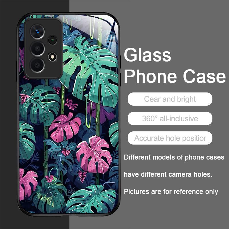 Fashion Palm Leaf Floral Pattern Tempered Glass Phone Case for Samsung Galaxy A56 A55 A54 A53 A52 A36 A14 A15 5G Anti-drop Cover