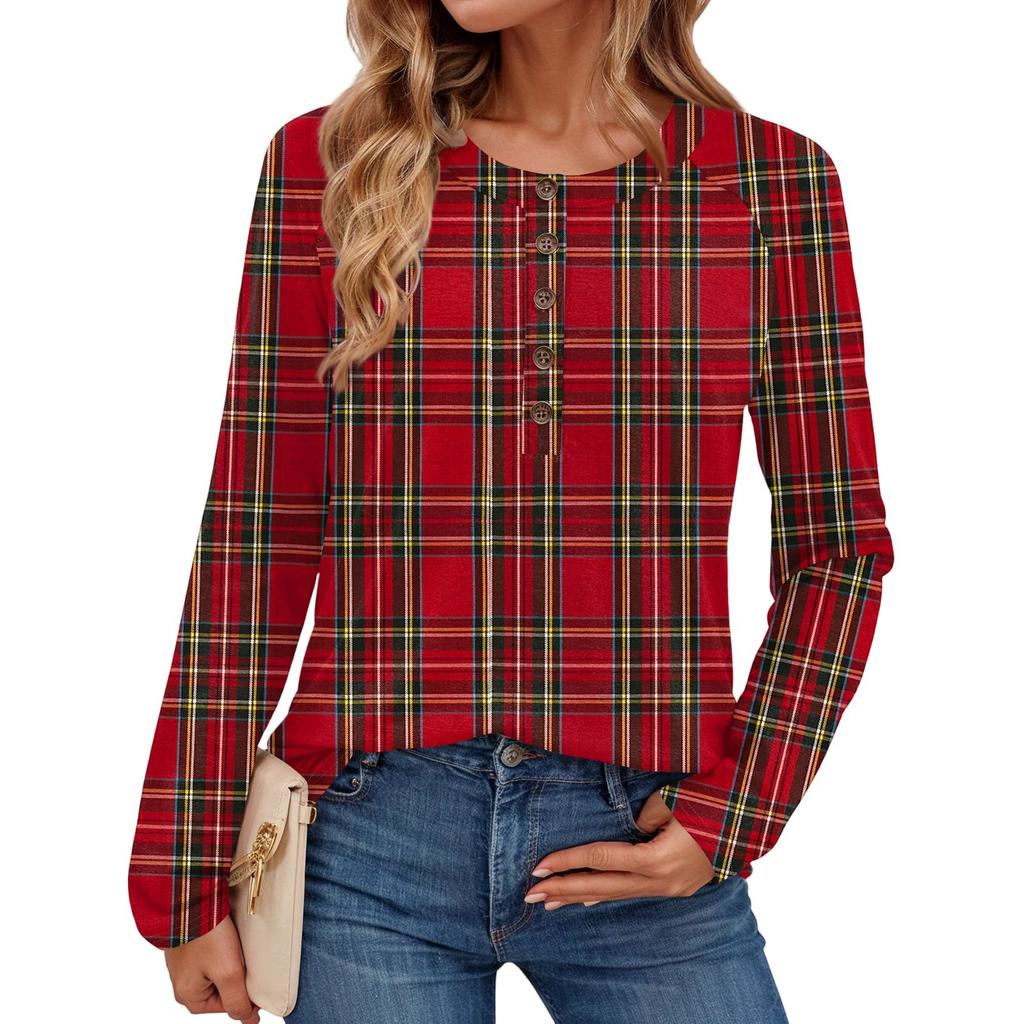 Women's Fashionable Plaid Print Round Neck Long-sleeved Top