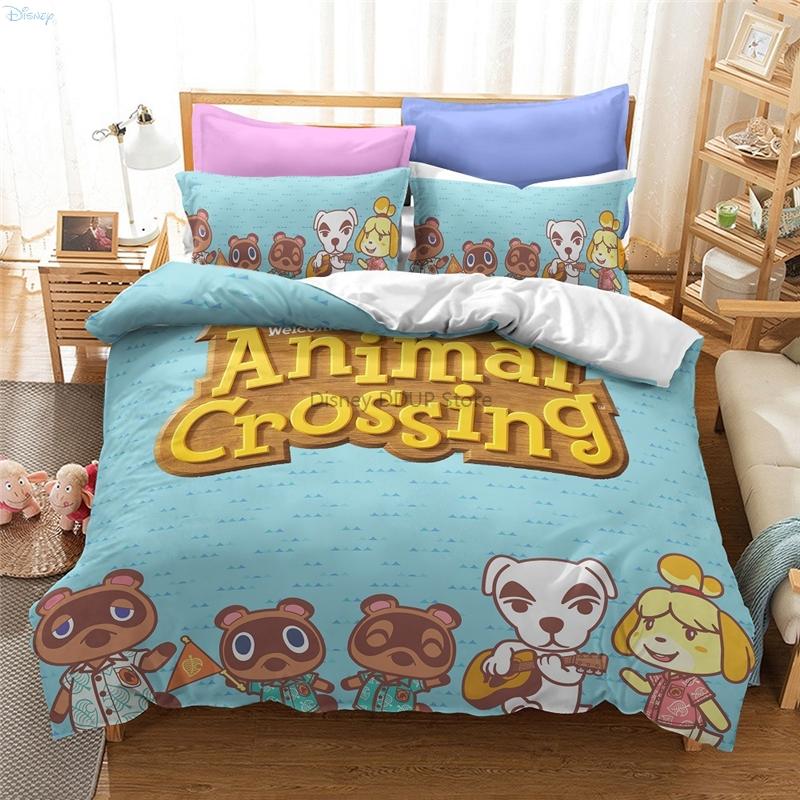 Animal Crossing Games Pattern Bedding Set Cartoon Print Duvet Cover Set with Pillowcase Twin Full Queen King Size Bedclothes