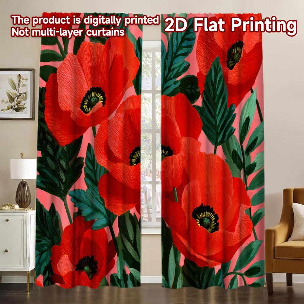 

Flat Printing Floral Red Poppies Pink Chic Pattern Curtains Polyester Holiday Suitable Digital Curtain Set Of 2 Made Washable W100*H70(CM)-Grommet top&1PCS