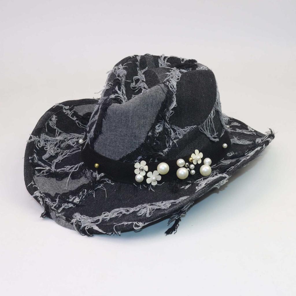 Ethnic Style Bull Head Hat with Decorative Blue Western Cowboy Hat Outdoor Hat Autumn and Winter Retro Old Burr Top Hat