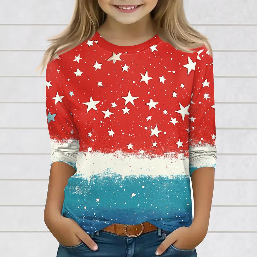 Druckoberteile für junge Mädchen 3-10 Jahre Rundhals 3/4-Ärmel T-Shirts Trendige Oberteile Outfit T-Shirts