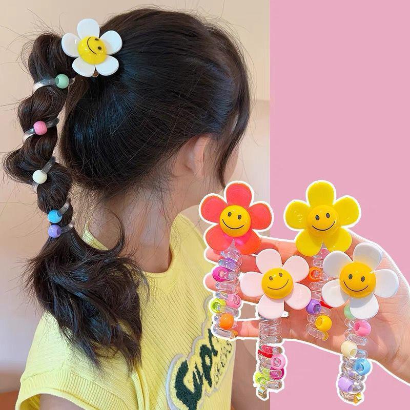 1PC New Lovely Beaded Big Flowers Elastic Spiral Hair Rope Head Rope Ponytail Hair Ring Rubber Band Headdress For Kids