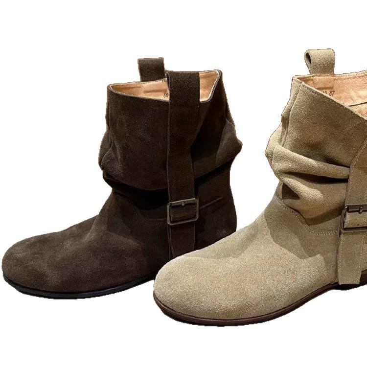 Sheepskin Version~ Korean Pleated Piled Boots Round Head Flat Bottom Western Cowboy Boots Women's New Martin Boots Short Boots