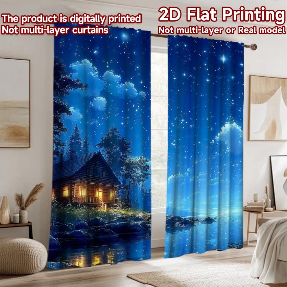 2D flat printing 2pcs Party Curtains Cabin Lake Night Stars Digital Printed Polyester Drapes Seasonal Party & Holiday Decor Use