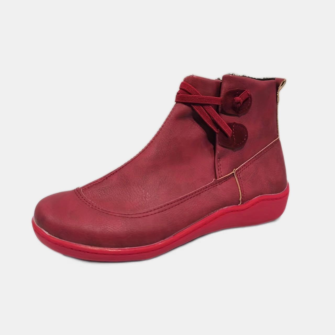 

(Нет флиса)Осенне-зимние женские ботильоны в стиле ретро, ​​однотонные ботинки без шнуровки на плоской подошве из искусственной кожи, женская обувь 43 красный