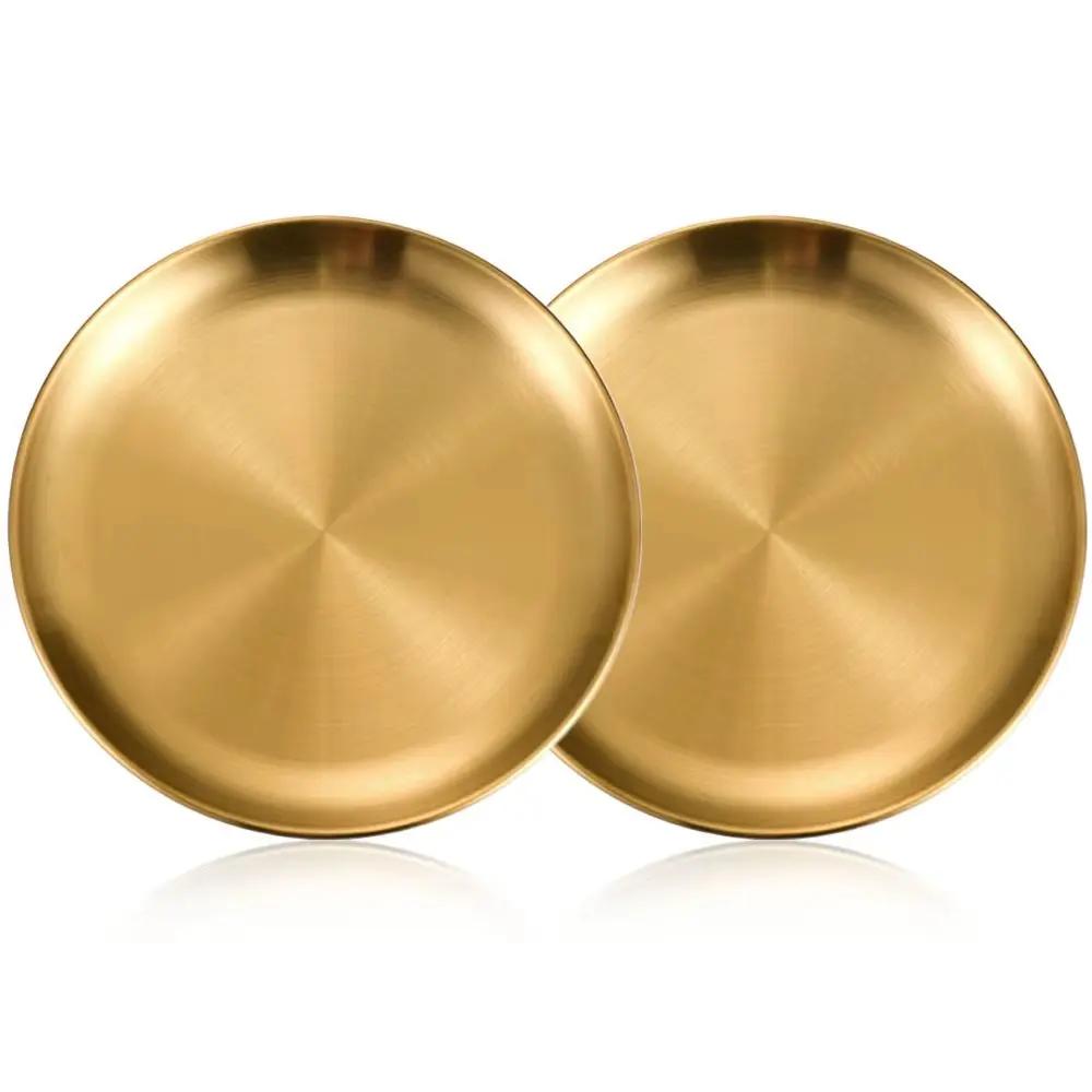 2Pcs Gold Stainless Steels Metal Round Plate Rust-Proof Shallow Tray Plate Camping Plate BBQ Picnic Dishes Cookware Tableware