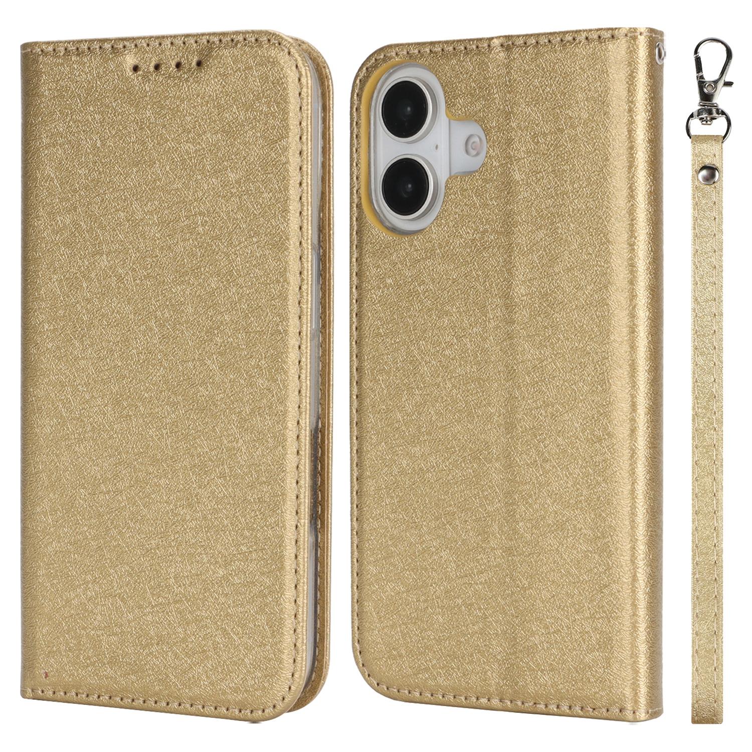 

For iPhone 16 Case PU Leather Silk Texture Magnetic Flip Phone Cover Gold