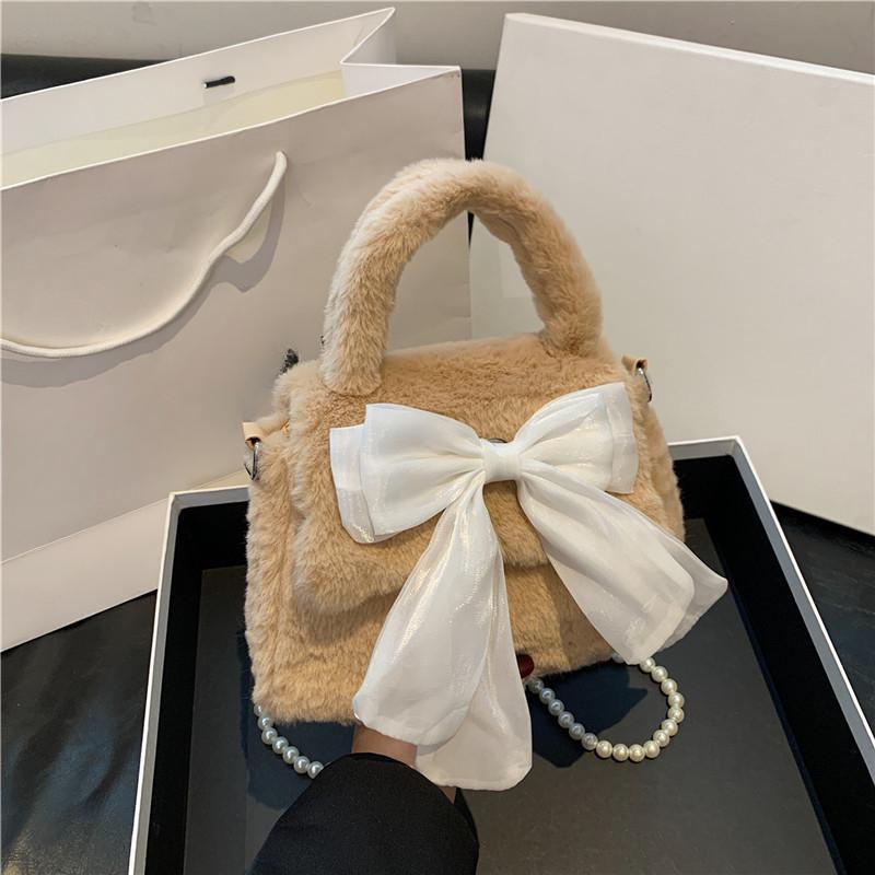 Süße Schleife, süße, mädchenhafte Plüschtasche, Pendeltasche aus Plüsch mit Perlen, Hand-Schulter-Umhängetasche