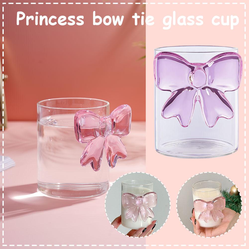 Pink Bow Transparent Glass Milk Coffee Juice Glass High Borosilicate Heat-Resistant Glass Dessert Yogurt Bowl with Bow Handle