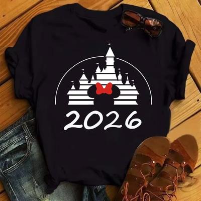 Disney Cartoon 2026 Reise Grafik Bedrucktes T-Shirt Sommer Damen Lässig Kurzarm Oberteile Tees Mode Kleidung Harajuku T-Shirt