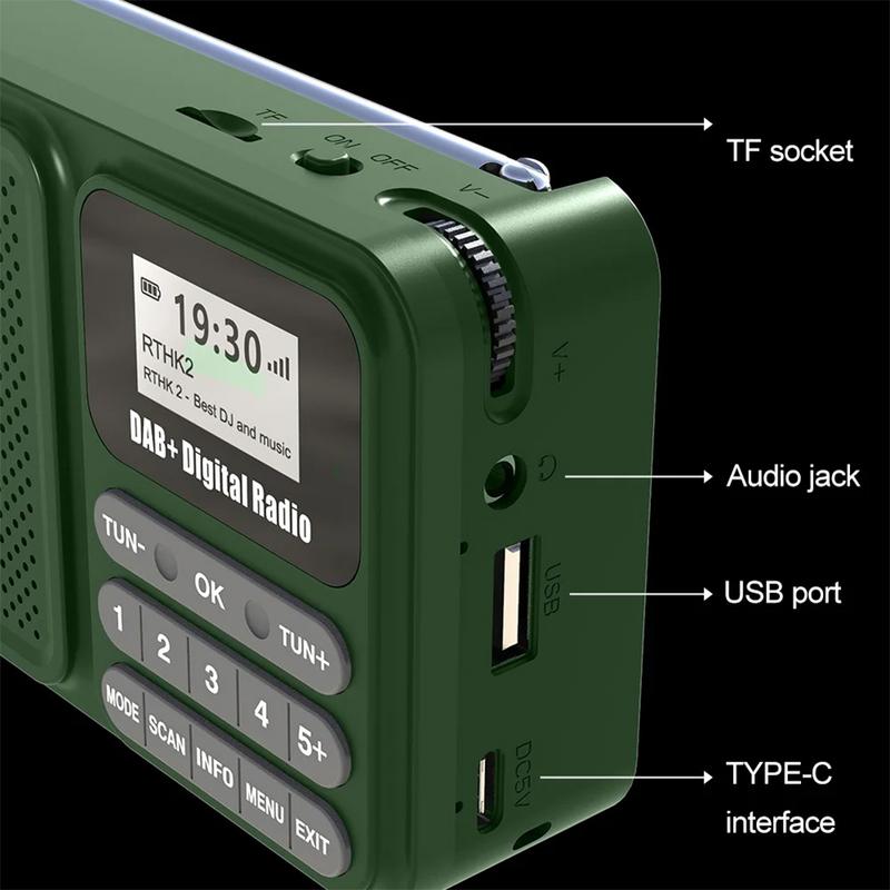 Přenosné DAB+ digitální rádio kompatibilní s Bluetooth, solárně napájené/dobíjecí, nouzový rádiový přijímač, LCD displej, bezdrátový reproduktor