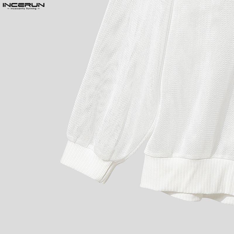 INCERUN Oversized Men Long Sleeve Hollow Bandage See Through Webbing Loose T-shirts Tops