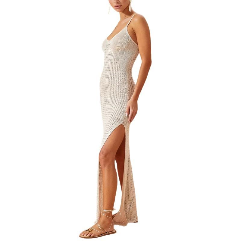 Jednobarevné halter šaty s bočními rozparky, Perfektní letní přímořský vzhled pro dámské pletené šaty, Zeštíhlující šaty obepínající tělo