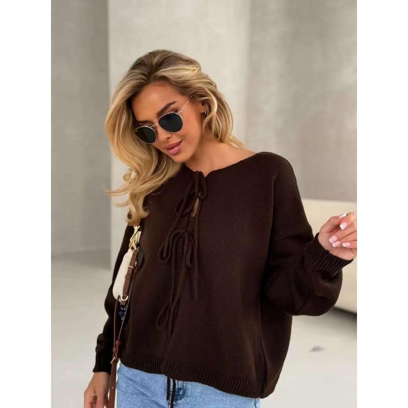 Lace-up Knitted Cardigan Autumn New Loose Round Neck Long-sleeved Sweater Women