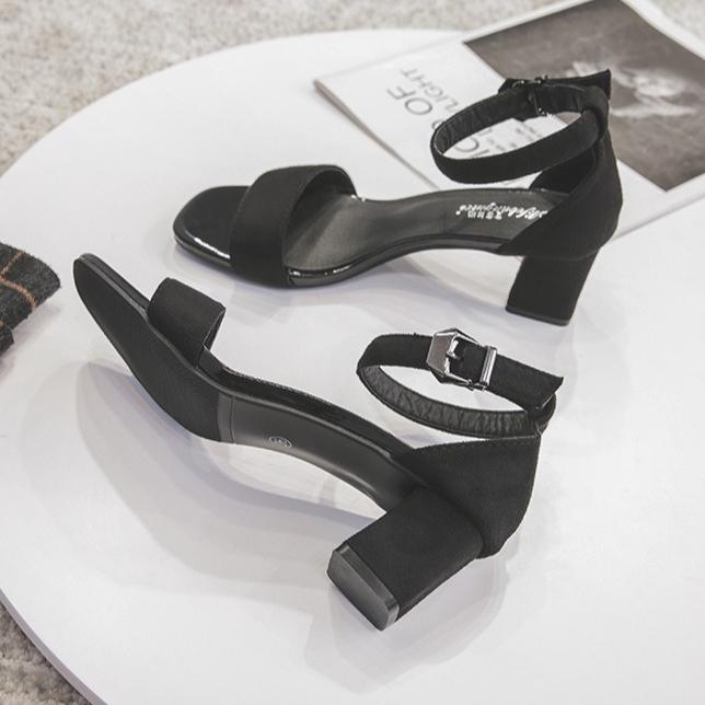 Fashion Coarse Heel One-word Sandals Women's 2025 New Summer Wear Casual and Versatile Black Suede High Heel Coarse Heel Sandals Women