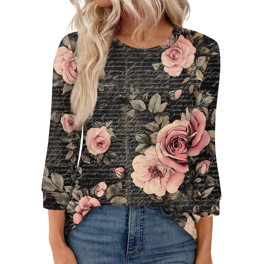 Women's Fashion Casual Round Neck 3/4 Sleeve Loose  Printed T-Shirt Ladies Top