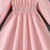 Children's Clothing New Autumn French Style Square Neck Long Sleeve Solid Color Waist Cinching Flared Dress for Girls