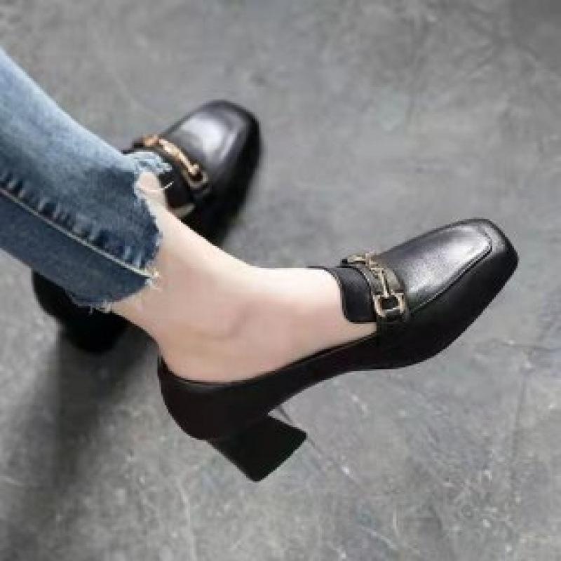2026 spring and autumn soft leather women's thick heel buckle small leather shoes medium heel fashion versatile comfortable single shoes women