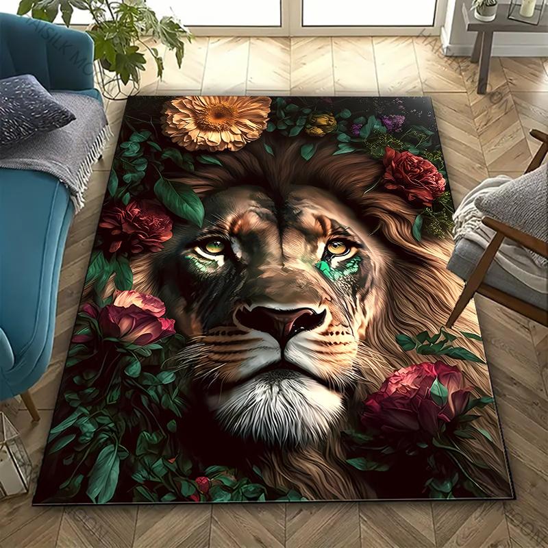 Lion Carpet Surrounded By Flowers Print Rug for Living Room, Bedroom,Office,Large Area,Rug,Stain Resistant Carpet, Fast Shipping